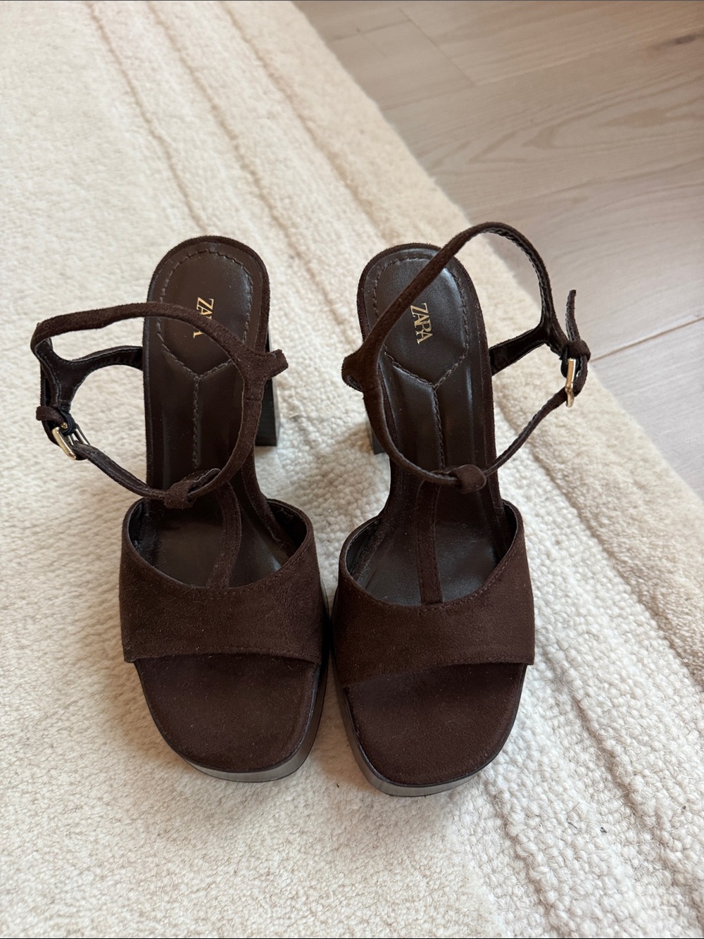 ZARA Dark Brown Suede T-Strap Block Heel Sandals